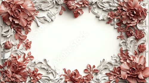 Decorative vintage frame with sculpted flowers and ornament on white background