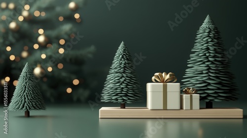 Elegant Christmas Still Life with Trees and Gifts on Dark Green Background