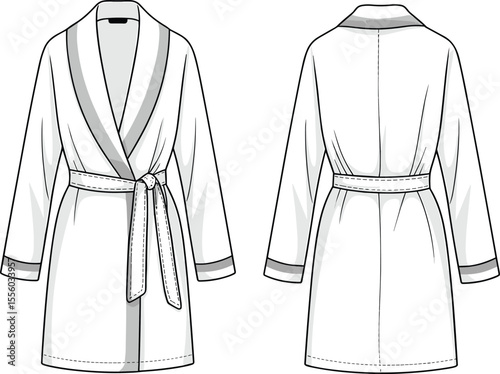 Blank White Short Robe Template Front and Back Views with Contrast Trim, Customizable Mockup for Luxurious Spa or Home Leisure Apparel Design