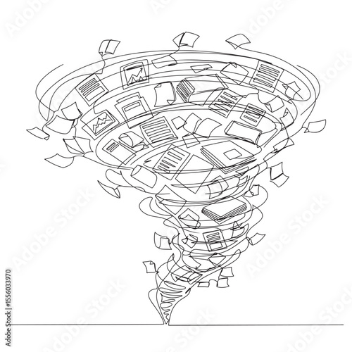 Tornado of documents and papers swirling in a vortex