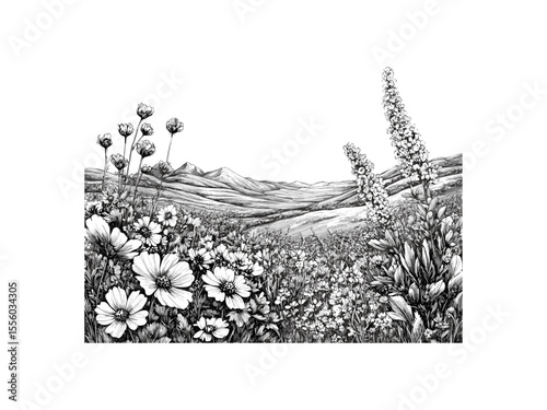 Spring meadow wildflowers engraving, vintage landscape sketch, old engraving style, black floral decor, seasonal nature art, rustic countryside illustration, antique botanical print, classic flora