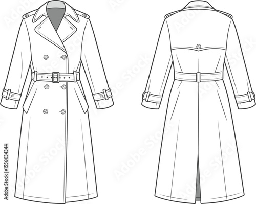 Blank White Classic Trench Coat Template Front and Back Views, Customizable Mockup for Timeless Outerwear Apparel Design, Elegant Fashion