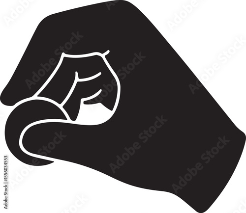 A hand shaped as if gripping and turning a small, round knob or dial vector silhouette art on white background