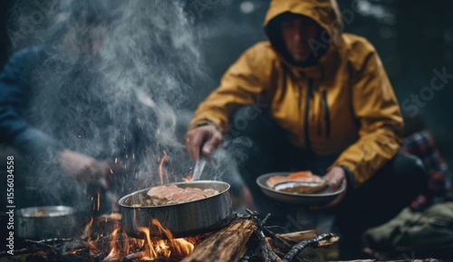 Campfire Cooking: Adventurous friends prepare a delicious meal over an open flame under a smoky night sky.