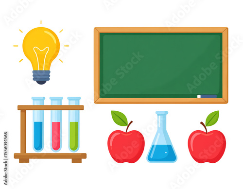 A composition of elements that symbolize education and learning. School supply clipart on transparent background. Back to school clipart.