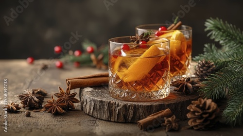 Festive Holiday Old Fashioned Cocktails Garnished with Orange, Cranberries and Spices