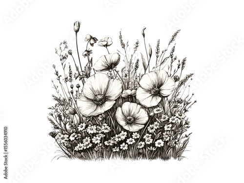 Seasonal spring meadow with wildflowers, vintage engraving style, black sketch, old floral decor, trendy rustic nature illustration, antique garden scene, classic countryside art, hand-drawn landscape