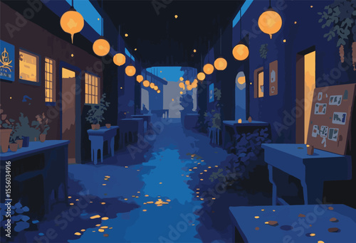 Vector illustration of a lively night city street with glowing lights, people walking, bars, traffic, and festive decorations. Perfect for urban nightlife, travel, and Christmas holiday concepts.


