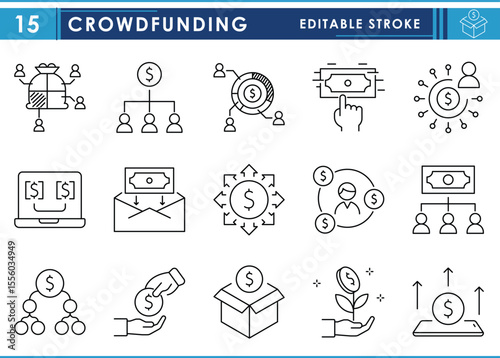 A set of line icons related to Crowdfunding. Fund, invest, individual, budgeting, cash, money, and so on. Vector editable stroke.
