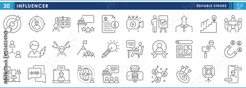 A set of line icons related to Influencer. Coach, market, success, training, writer, content creation, workplace, attract, and so on. Vector editable stroke.