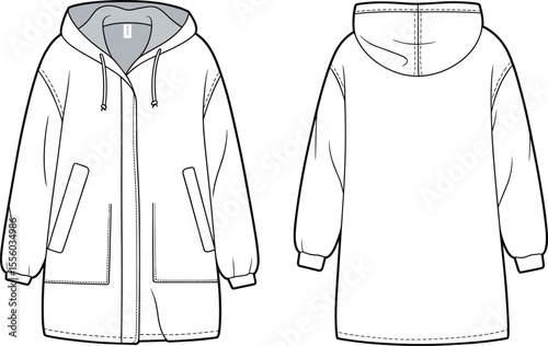  Blank White Oversized Hooded Jacket Template Front and Back Views, Customizable Mockup for Casual Outerwear Apparel Design, Comfortable Parka