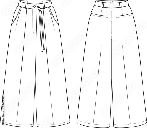 Blank White Wide Leg Cropped Pants Template Front and Back Views, Customizable Mockup for Trendy Casual or Formal Apparel Design