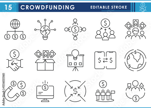 A set of line icons related to Crowdfunding. Funding, invest, growth, innovation, money, cashflow, world, and so on. Vector editable stroke.
