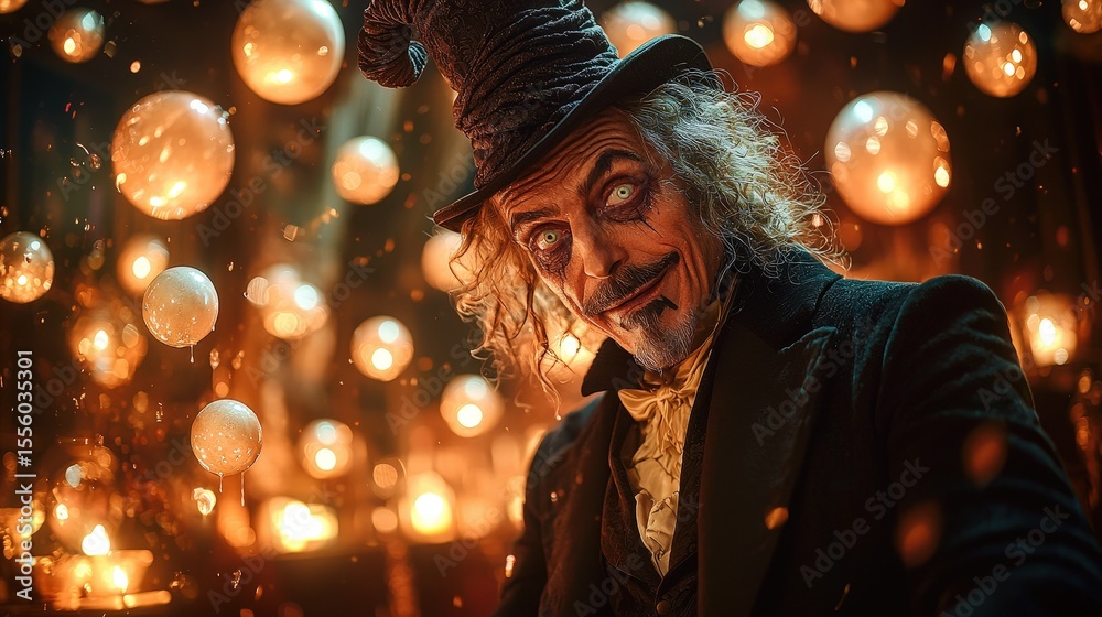 Fototapeta premium Mysterious wizard in enchanted setting surrounded by glowing orbs and magical atmosphere