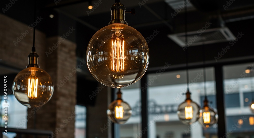 Obraz premium Illuminated Edison Bulbs Hanging in a Dark Room with Warm Ambient Lighting