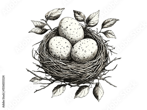 Vintage spring nest with eggs engraving, hand-drawn black line bird motif, old engraving style, trendy retro decor, seasonal nature illustration, rustic home wall art