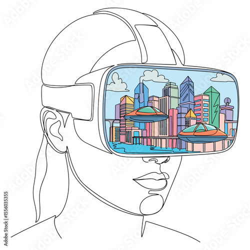 Woman wearing V R headset showing futuristic city with flying cars