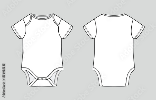 Short sleeve bodysuit. Basic newborn baby clothing. Vector technical sketch. Mockup template.
