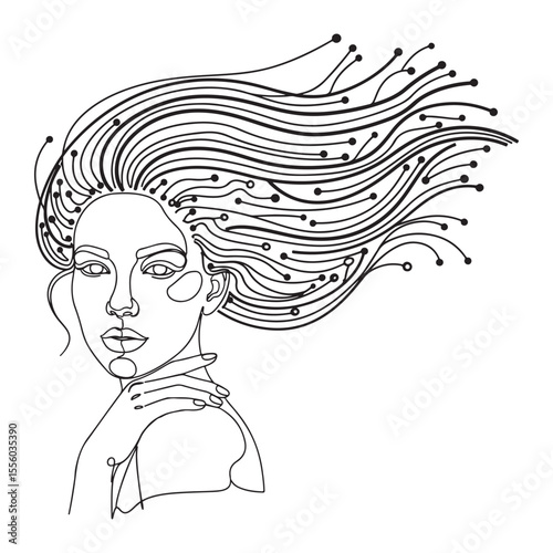 Woman with flowing hair and abstract elements face
