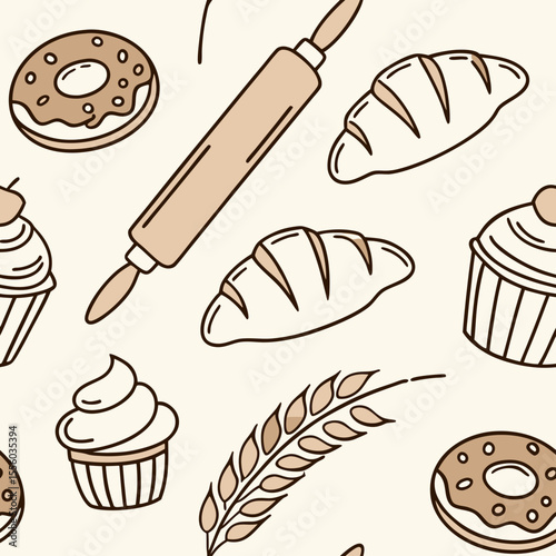 Bakery and Pastry Seamless Pattern – Cute Flat Vector.
Cute seamless pattern of bread, croissants, and pastries in soft flat style. Perfect for packaging, menus, and kitchen decor.