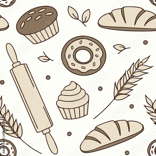 Bakery and Pastry Seamless Pattern – Cute Flat Vector.
Cute seamless pattern of bread, croissants, and pastries in soft flat style. Perfect for packaging, menus, and kitchen decor.