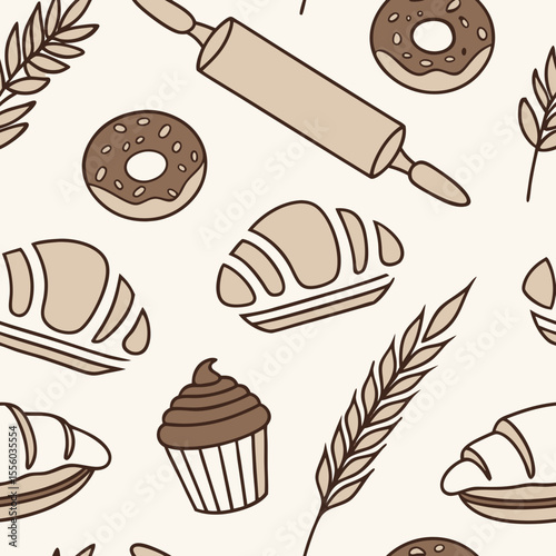Bakery and Pastry Seamless Pattern – Cute Flat Vector.
Cute seamless pattern of bread, croissants, and pastries in soft flat style. Perfect for packaging, menus, and kitchen decor.