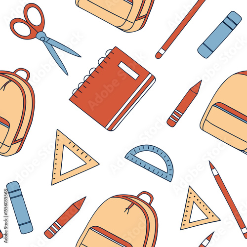 Colorful School Supplies Pattern – Seamless Education Vector.
Seamless pattern of colorful school tools in cartoon flat style. Ideal for back-to-school, stationery, and kids’ products.