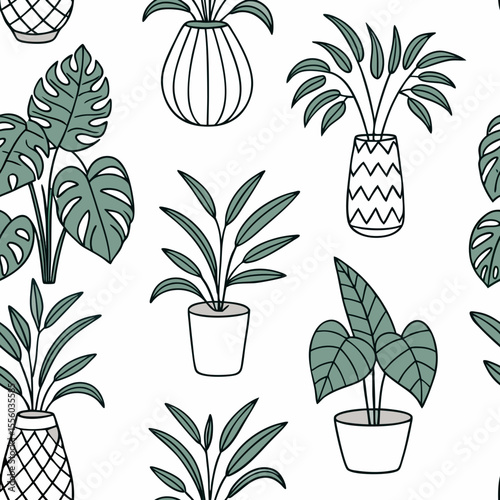 Minimal Indoor Plant Seamless Pattern – Calm Home Decor Vector.
Seamless pattern of minimalist potted plants and vases in pastel tones. Ideal for home decor products and fabric prints.