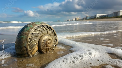 Sea shell resting on sandy beach by the ocean