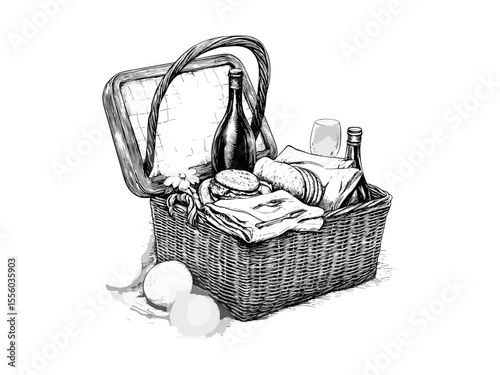 Vintage spring picnic basket engraving, seasonal lunch scene hand-drawn retro style, black sketch decor icon, outdoor spring illustration, rustic garden meal art, classic etching