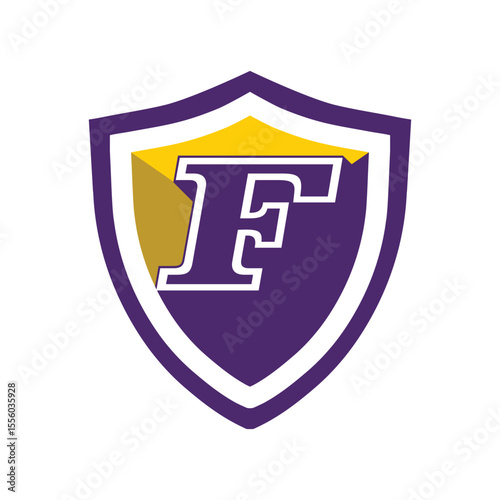 This is a logo of an initial letter F on a shield in bold font in college varsity style in purple and yellow color in simple flat style that looks bold and sporty on a white background