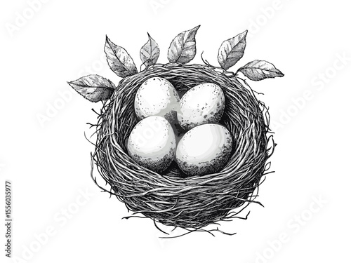 Spring bird nest engraving, vintage seasonal artwork, hand-drawn black line nature sketch, retro style decor, classic engraving design, countryside springtime art