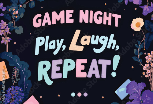Colorful and fun game night poster design featuring playful icons, dice, cards, and joyful people. Ideal for party invitations, board game events, family fun nights, and social gatherings.

