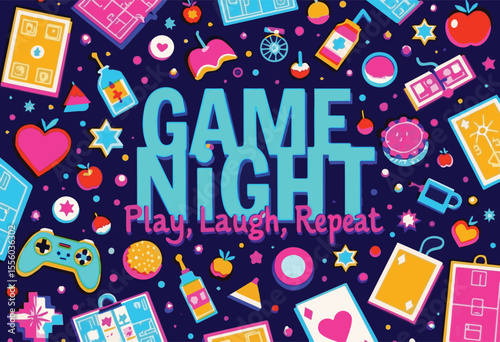 Colorful and fun game night poster design featuring playful icons, dice, cards, and joyful people. Ideal for party invitations, board game events, family fun nights, and social gatherings.


