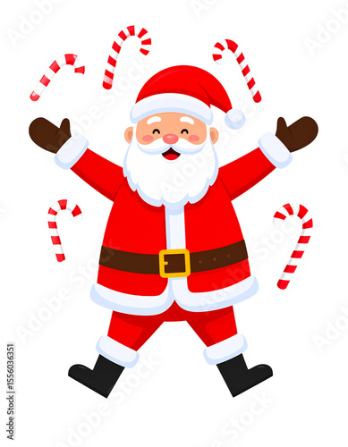 Santa Claus joyful pose with candy canes in a celebratory festive atmosphere. Santa Claus has a full, white beard and a jolly expression while candy canes float around him. Cute Christmas clipart with