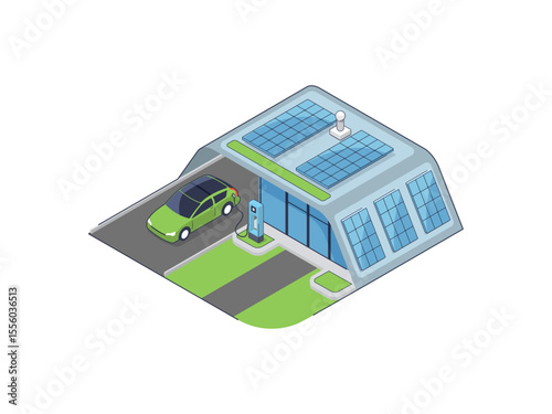 Isometric eco house with electric car and solar panels. Green energy concept vector illustration