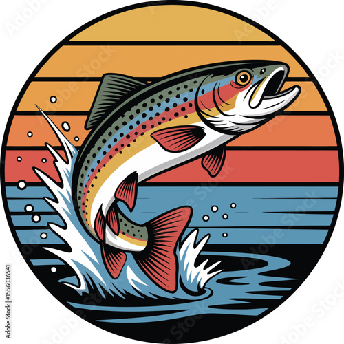 Vibrant rainbow trout leaping from water with retro sunset background