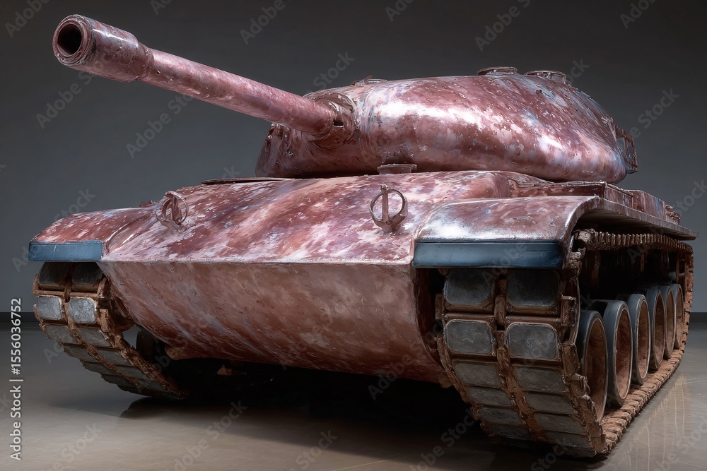 Obraz premium A weathered military tank showcases its rugged texture and history in a dramatic light.