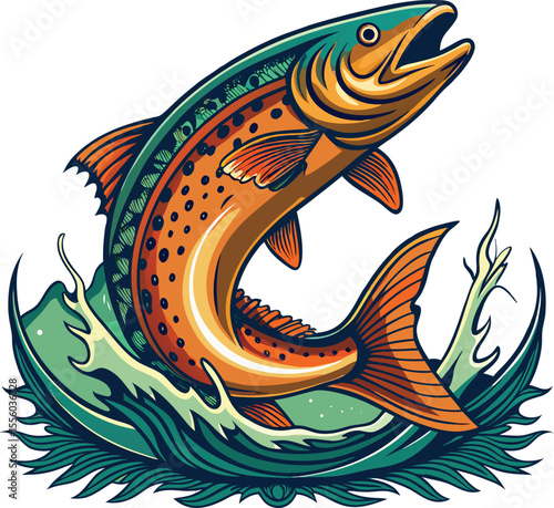 Stylized salmon leaping from water with decorative waves and foliage