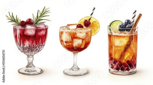 Three elegantly illustrated cocktail beverages with fresh fruit garnishes on a white backdrop