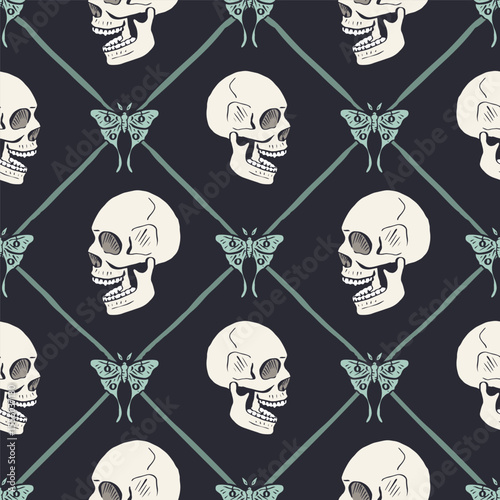 Seamless pattern with hand drawn human skulls and luna moths, inside trellis. Halloween repeat background. Day of dead wrapping design.
