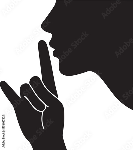 The profile of a face is implied as a single index finger is held vertically to the lips vector silhouette art on white background