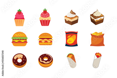 Vibrant assortment of classic fast food dishes Color Vector illustration