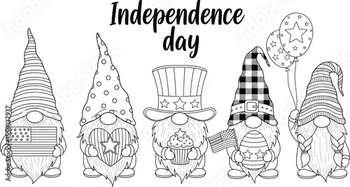Black and white gnomes celebrating independence day with flags balloons and a cupcake illustration