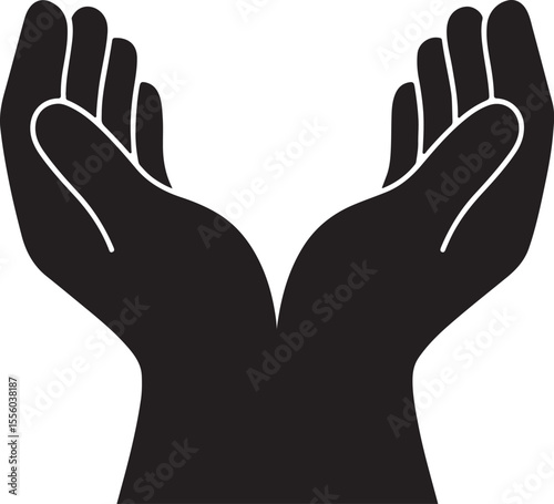 Two hands held together to form a bowl shape, as if holding water, light, or something precious vector silhouette art on white background