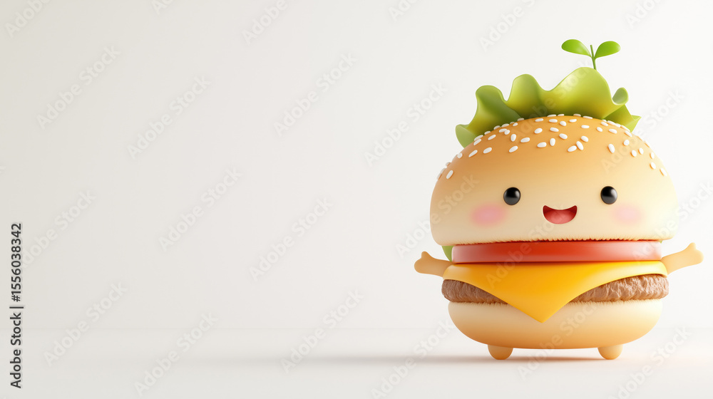 Cute cartoon burger character with lettuce hat and happy expression Cute cartoon burger character with lettuce hat and happy expression
