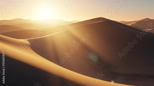 Sun shines over sand dunes in a desert landscape, creating a warm, golden glow with visible sun rays.