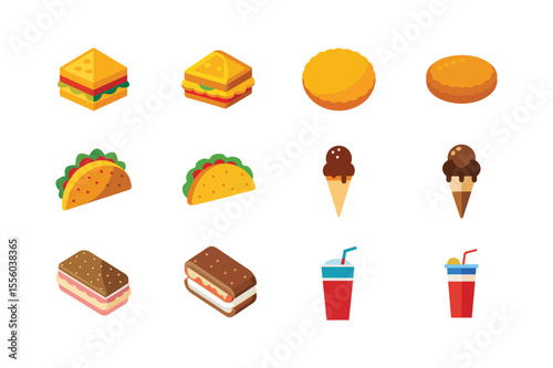 Variety of tempting fast food icons and treats Color Vector illustration