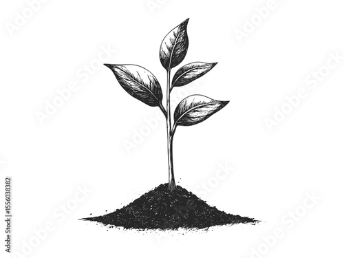 Spring sprout in soil, vintage garden icon, hand-drawn engraving, old sketch style, seasonal nature motif, trendy planting illustration, botanical line art, rustic farming symbol,