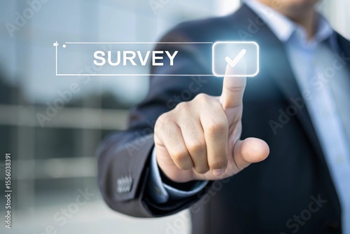 Digital feedback form interface, Businessman interacting with virtual online form. Perfect for customer feedback, survey UI, contact forms, digital onboarding, user experience in web applications.